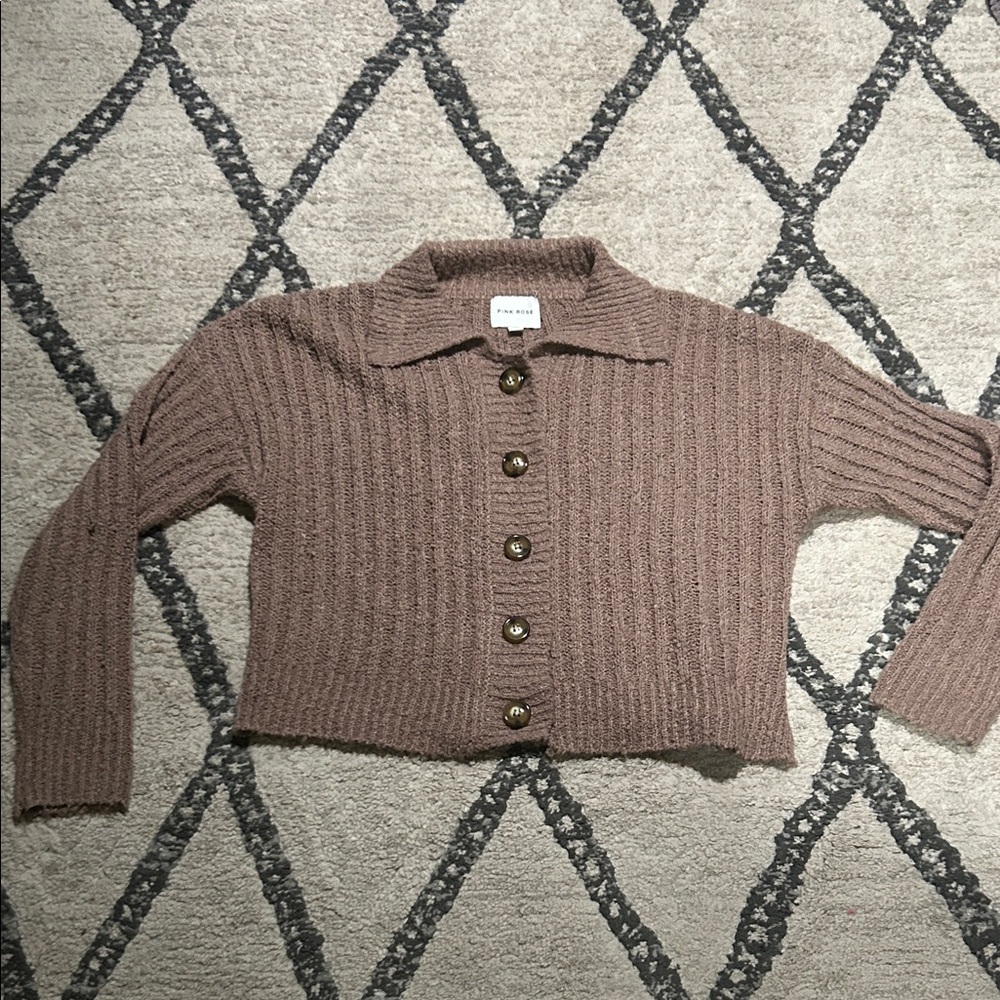 Pink Rose Brown Button-Up Cardigan